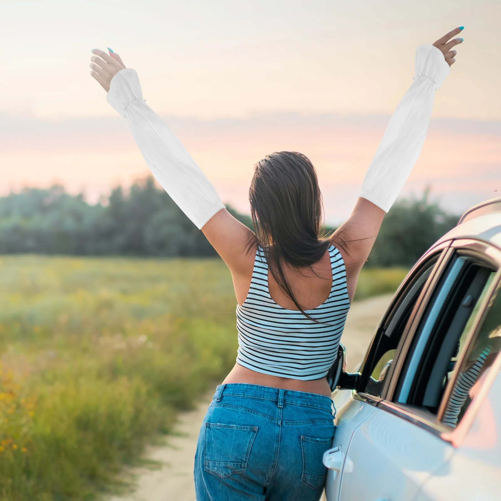 1 زوج الأشعة فوق البنفسجية أكمام أذرع تبريد للنساء اللؤلؤ ديكور تنفس التبريد الشمس حماية القيادة في الهواء الطلق الرياضة الأكمام أغطية للذراع للنساء #6