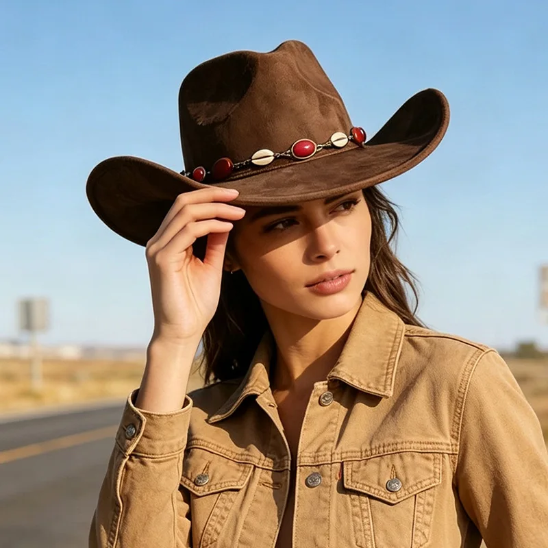 Women Retro Western Cow boy Hat Wool‑Blend Hat Tibetan‑Inspired Style Autumn Winter Travel Fashion Headwear