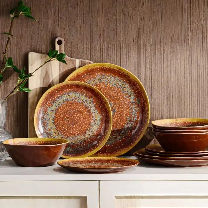 

Melamine Dinnerware Set of 12Pcs, Dish Set for 4, Lightweight Unbreakable Plate and Bowl Set for Patio, RV and Camping,