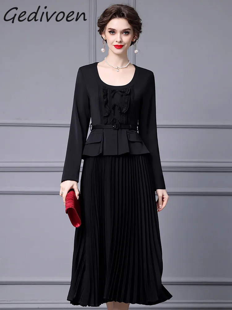 

Gedivoen Spring Fashion Runway Red Vintage Spliced Dress Women O Neck Bow Ruffles Sashes Gathered Waist Slim Pleated Long Dress