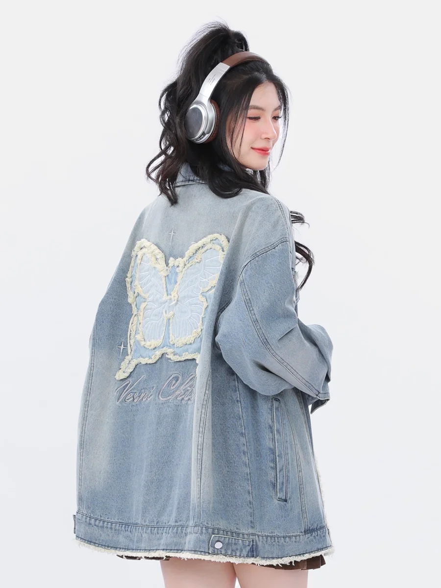 

Ранняя осень, повседневная свободная джинсовая куртка в американском стиле ретро для пар, женская верхняя одежда, модный уличный воротник на пуговицах