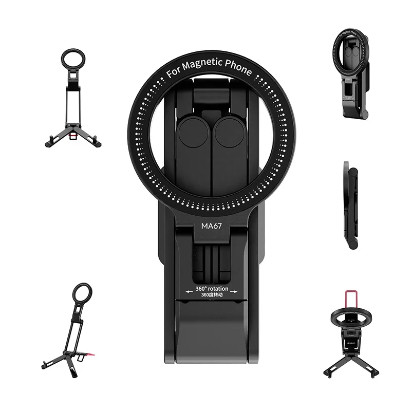 Soporte magnético plegable en tres partes para teléfono Ulanzi MA67, con rotación flexible, para usar en escritorio, en la mano, en modo «Mantis» y para fotografía al aire libre y viajes.