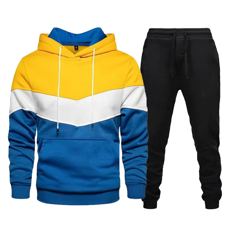 Men\'s Tracksuits Patchwork Hoodie Sweater and Pants 2 Pieces Set Casual Loose Fleece Warm Streetwear Male Fashion Sportswear