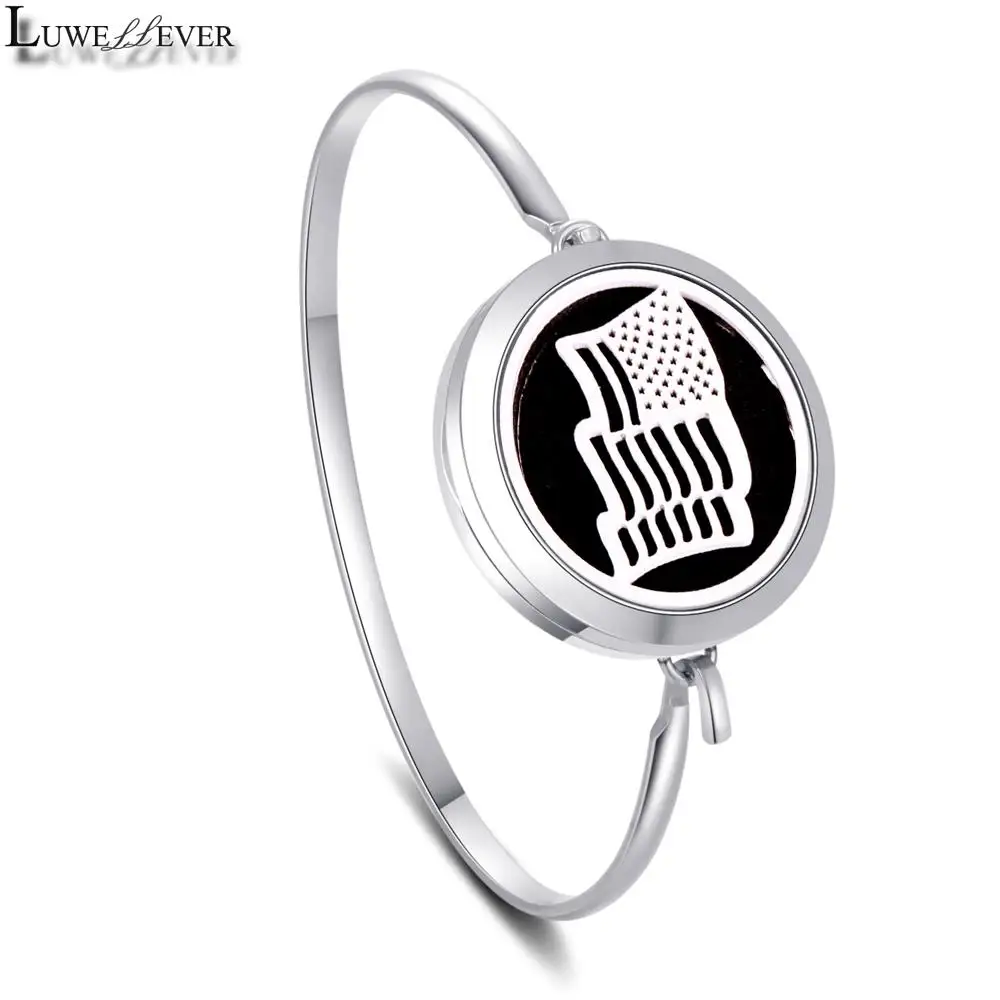 All Stainless Steel American Flag Occupation Wave 30mm Air Freshener Perfume Oil Diffuser Locket Charm Jewelry Bangle For Women