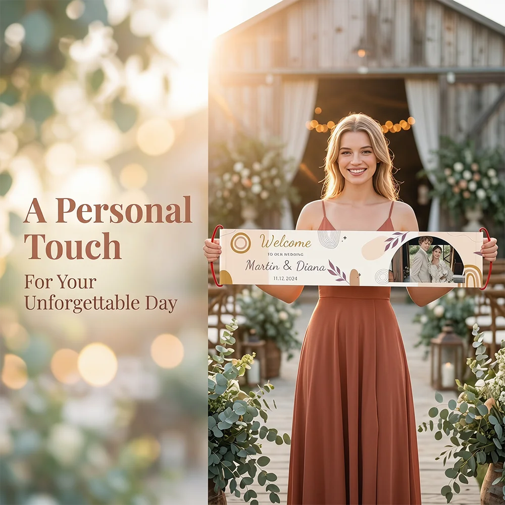 Custom Wedding Handheld Banner, Personalized Photo & Name Wedding Pull Flag, Boho Wedding Welcome Photo Prop,Party Decoration