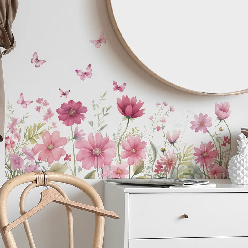 Creative Romantic Pink Butterfly Pink Flower Flowers Self Adhesive Removable PVC Wall Stickers Room Living Room Decoration Stick