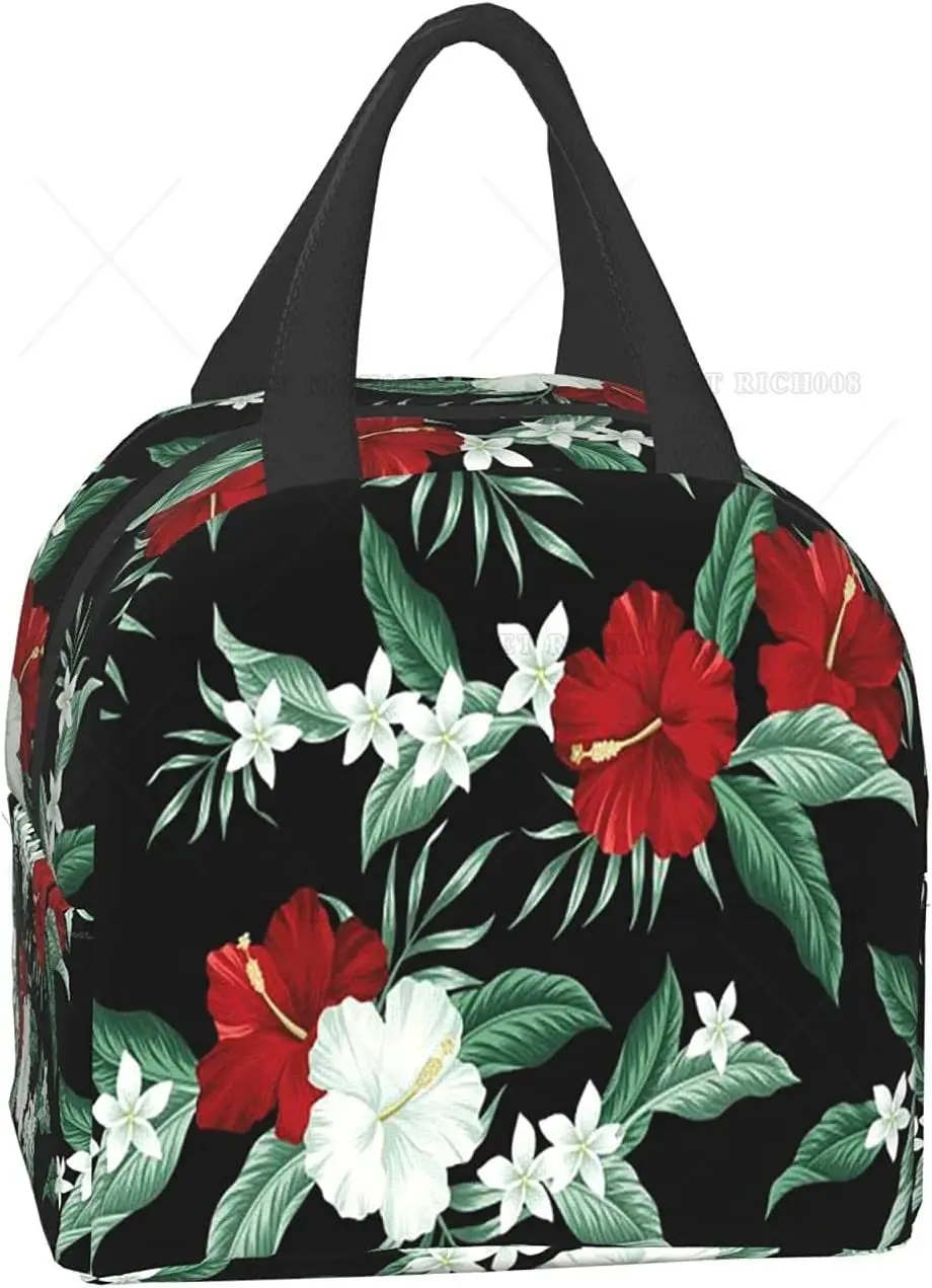 Bolsa de almuerzo de hibisco rojo de flores hawaianas tropicales, bolsa de mano para mujeres, hombres, niños, contenedor de almuerzo aislado