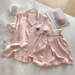 New 2 Piece Women Set Summer Short Sleeve Pajamas for Woman Fashion Silk Sleepwear Pink Lace Pocket Sexy Satin Pajama Homewear