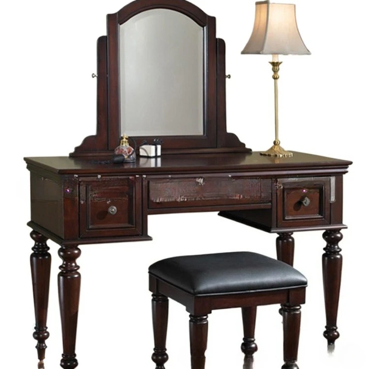 

American solid wood dresser, furniture retro old carved makeup table, bedroom oak dressing table and stool combination