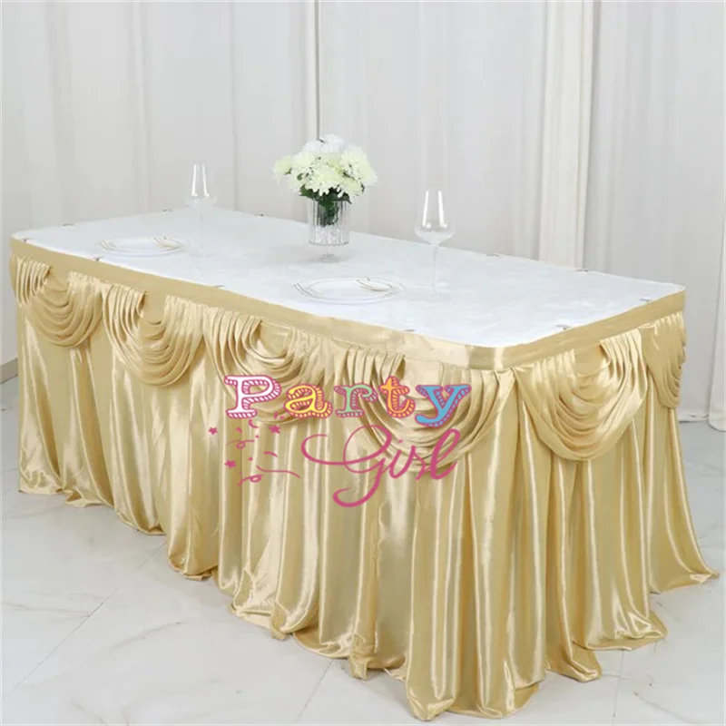 

100% Poly Ice Silk Table Skirt Include Top Swag Drapery Banquet Wedding Tablecloth Skirting Event Party Christmas Decoration