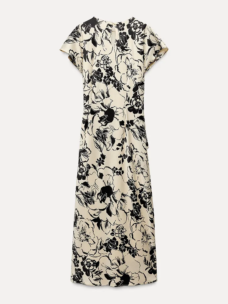 Vestido midi f de seda acetinada com estampa, gola redonda, manga curta, estilo casual para o dia a dia, com cintura m...