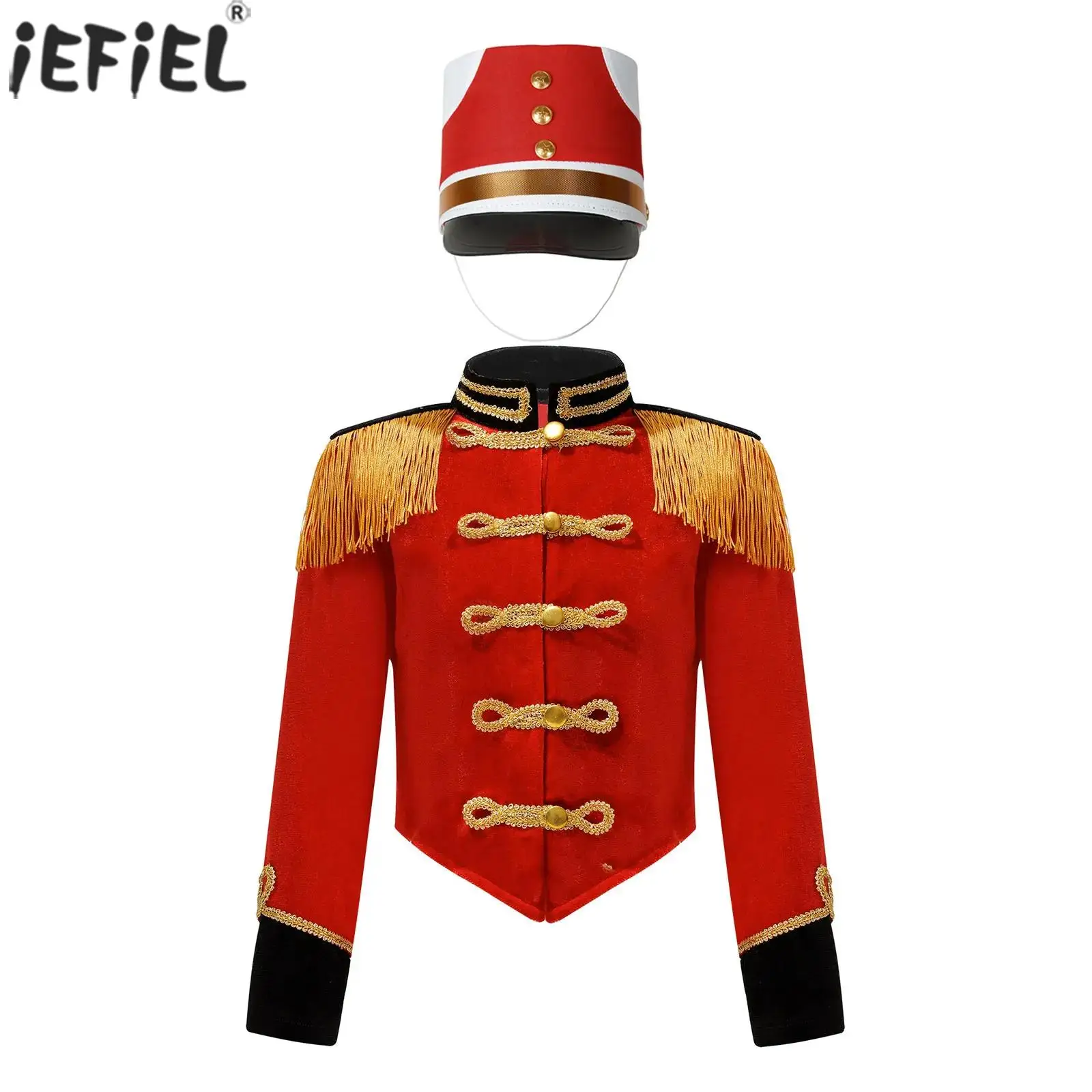 Kids Girls Drummer Conductor Honor Guard Marching Band Costumes Halloween Circus Ringmaster Tassels Majorette Jacket with Hat