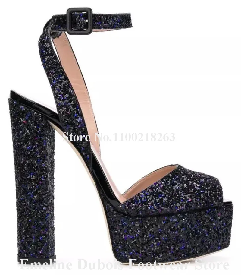 Bling Bling Patchwork Glitters Sandals Emeline Dubois Peep Toe Sequined High Platform Chunky Heel Dress Shoes Wedding Heels