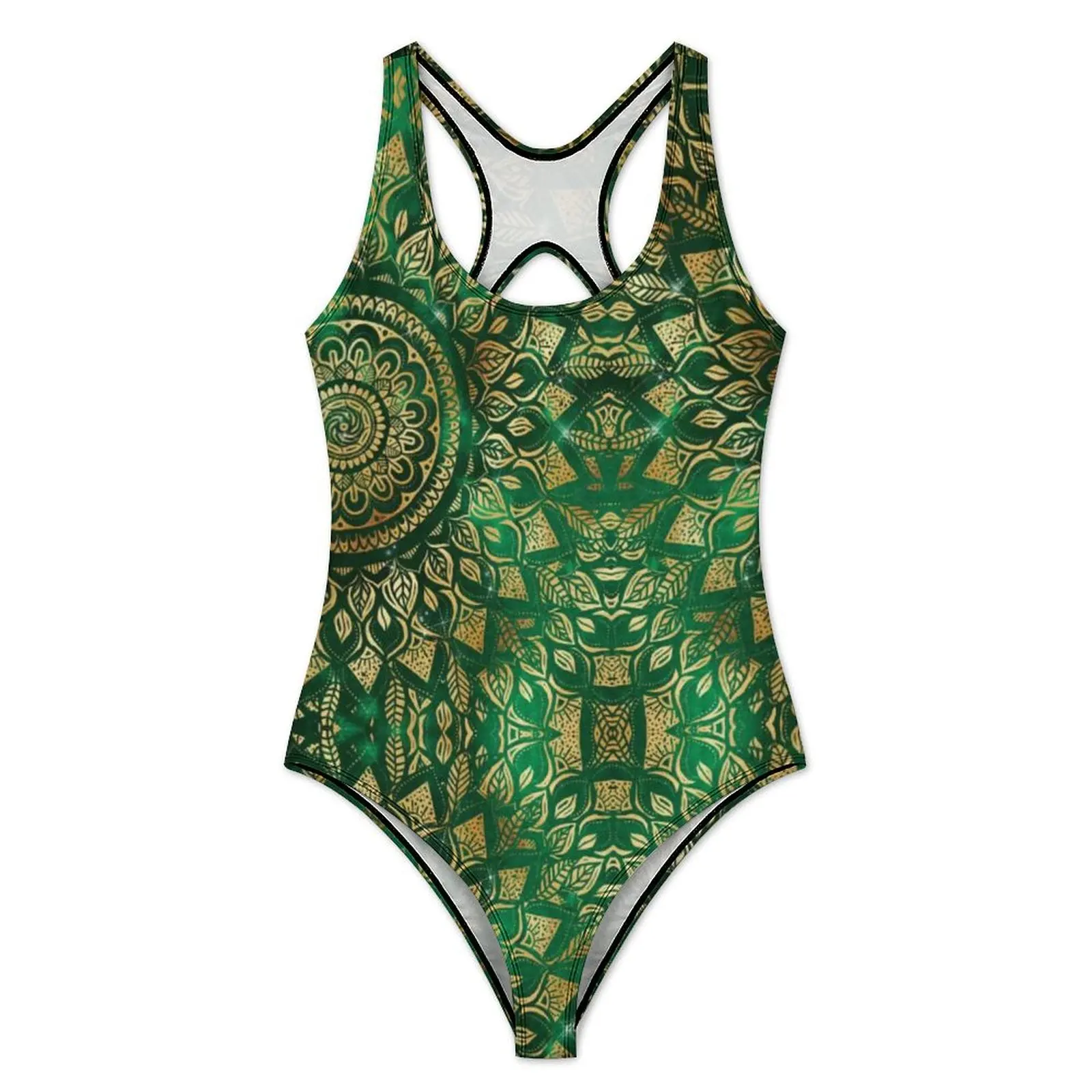Gold Green Mandala Flower Swimsuit Sexy Henna Floral Woman Swimwear One-Piece Trend Bodysuit Fitness Push Up Backless Monokini