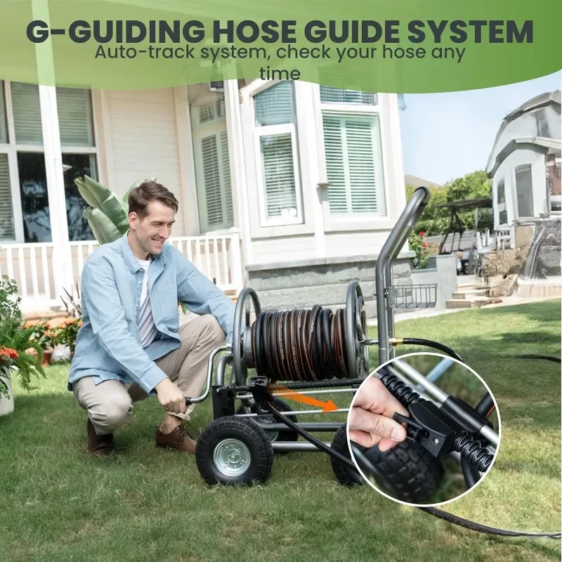 عربة بكرة خرطوم رمادي شديدة التحمل - سعة 250 قدم 5/8 بوصة، دليل مثبت مسبقًا