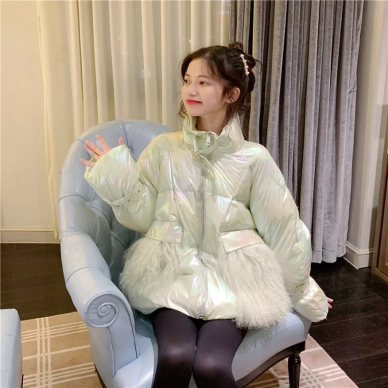 Women\'s Winter Silver Down Cotton Jacket Glossy 2024 Golden Big Fur Collar Thick Shiny Parka Long Pink Blue Warm Oversize Parkas