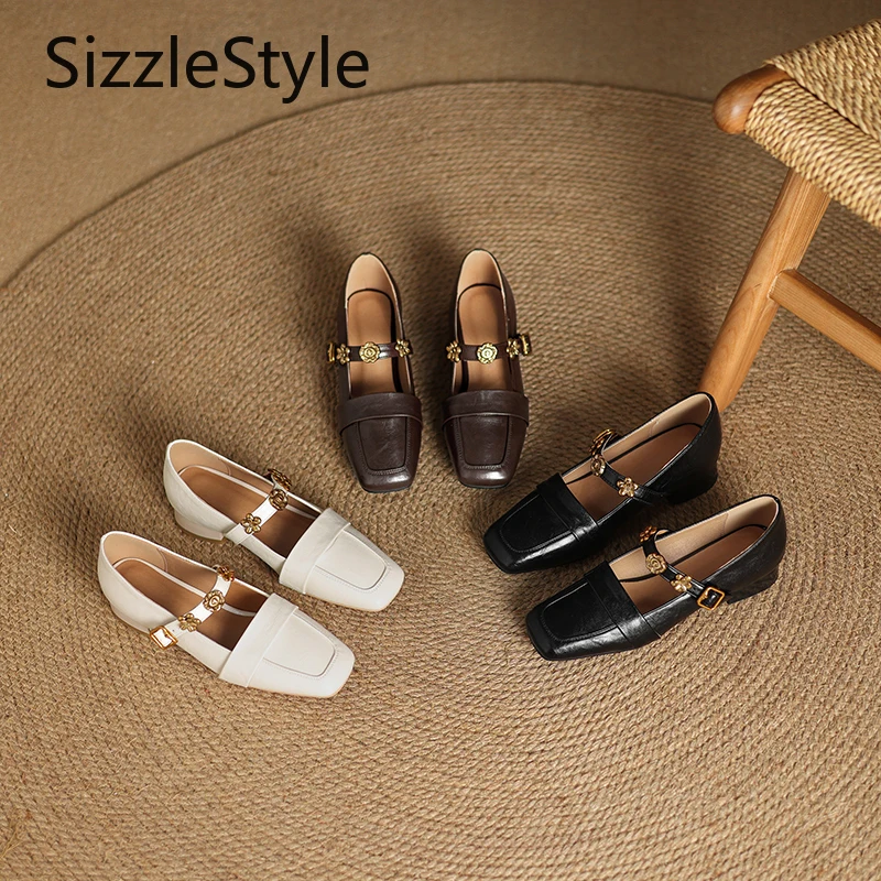 حذاء نسائي عصري بمقدمة مربعة وقصة ضحلة وحزام بإبزيم وديكور مريح بكعب منخفض حذاء ماري جين #4