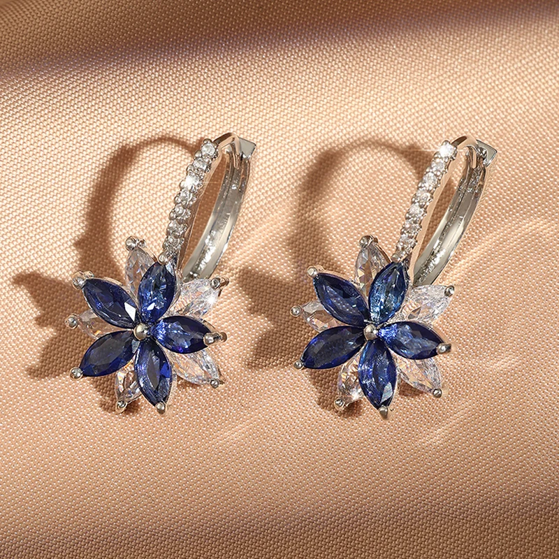 Korean Blue Zircon Crystal Flower Hoop Earrings for Women Colorful Earring Party Fashion Jewelry Accessories