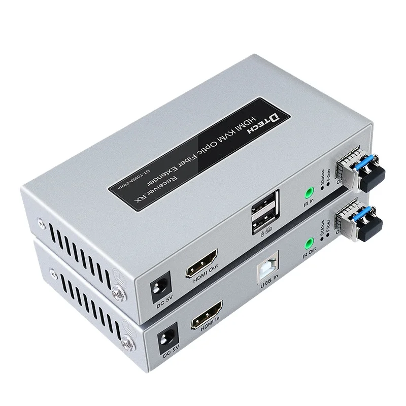 DTECH ODM / OEM 1080p 20kM Ethernet HD signal Lossless Transmission Kvm hdmi Optical Fiber Extender With Infrared