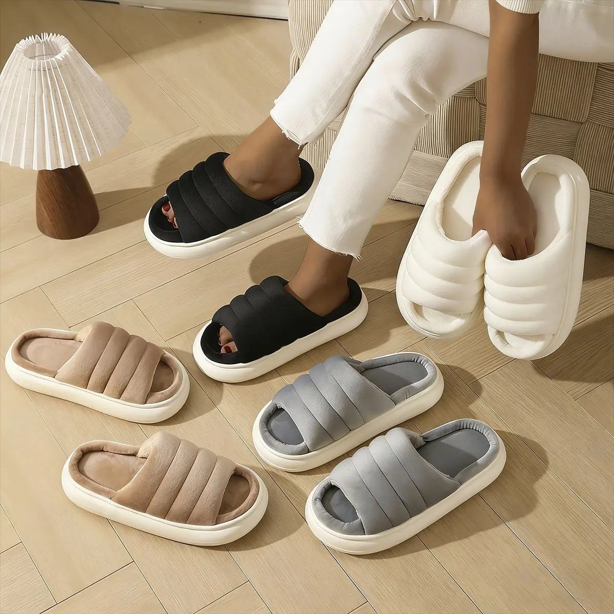Women’s Open‑Toe House Slippers Super Soft Fleece Thick‑Sole Silent Four‑Season Casual Indoor Home Shoes Cozy Daily Footwear