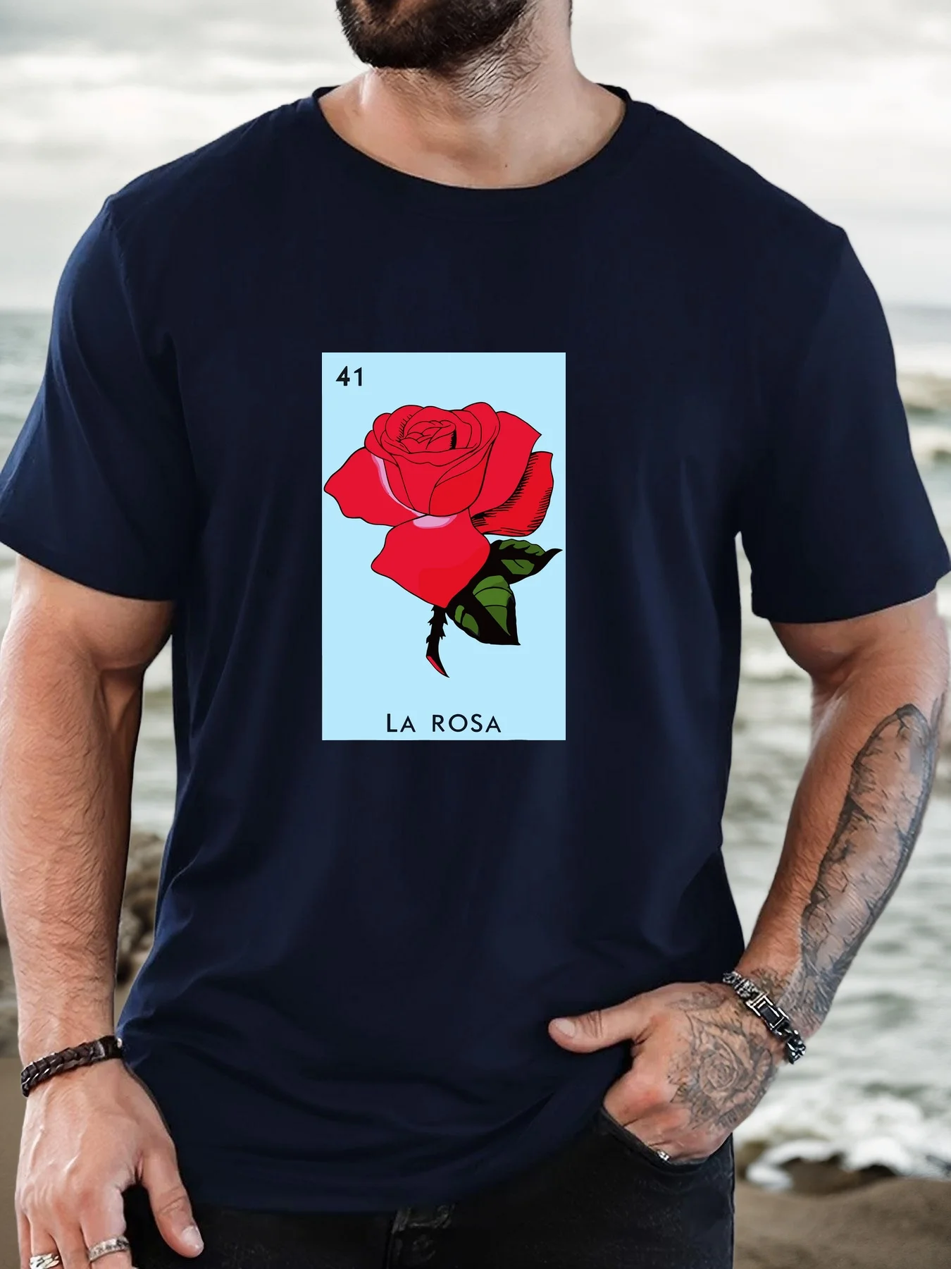 Male Cotton Short Sleeve T Shirt La Rosa Rose Loteria Card Pattern Loose Crew Neck Latin Casual Summer Tees For Young Adult Men