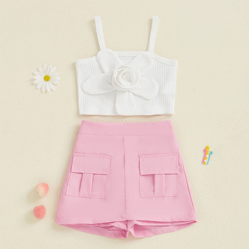 Suefunskry Little Girls Summer Clothes 3D Floral Sleeveless Camisole Tops + Solid Color Skorts with Pocket Fashion 2Pcs Set