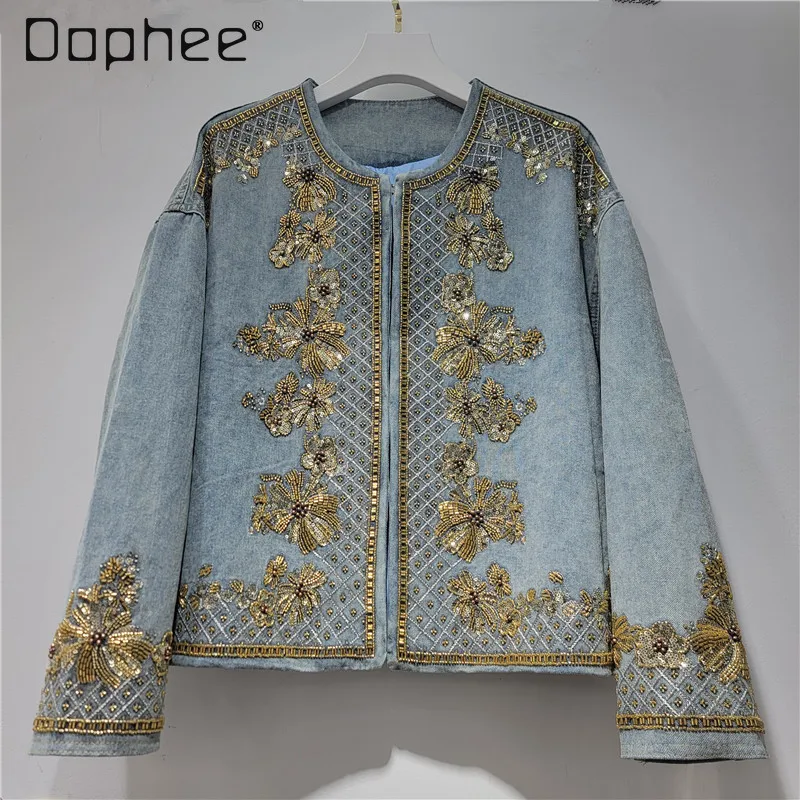 

Heavy Industry Bead Embroidered Denim Jacket Women 2026 Spring Autumn High End Old Retro Skinny Temperament Casual Short Top