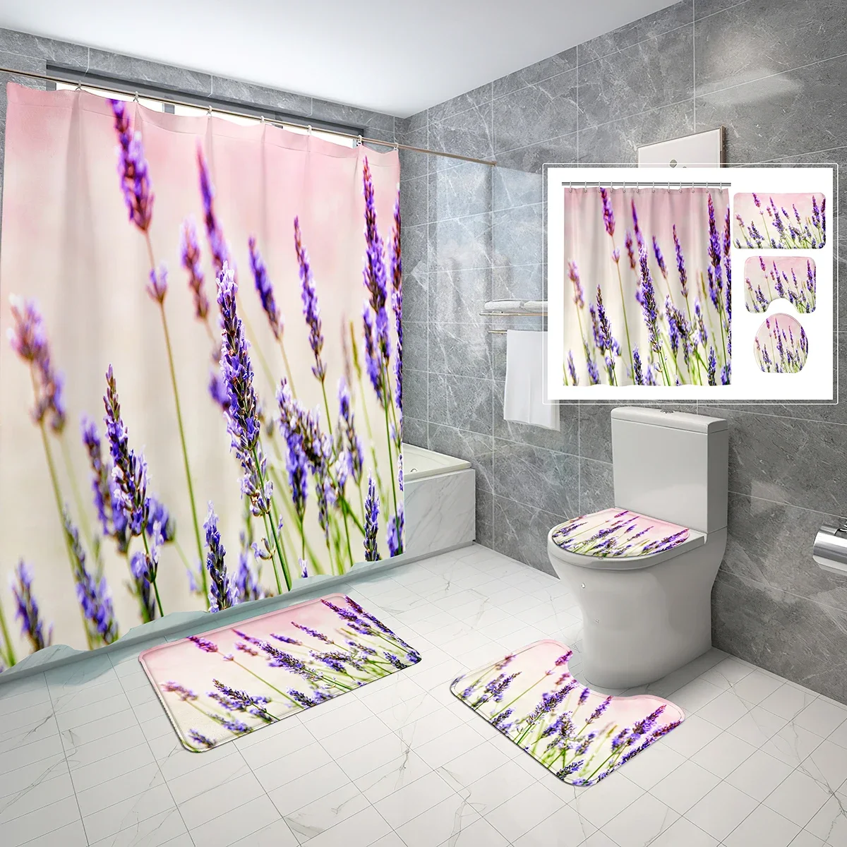 Lavender Shower Curtain Set 4 PCS Natural Violet Flower Bathroom Non-Slip Bath Mat Waterproof Shower Curtain Toilet Cover Set