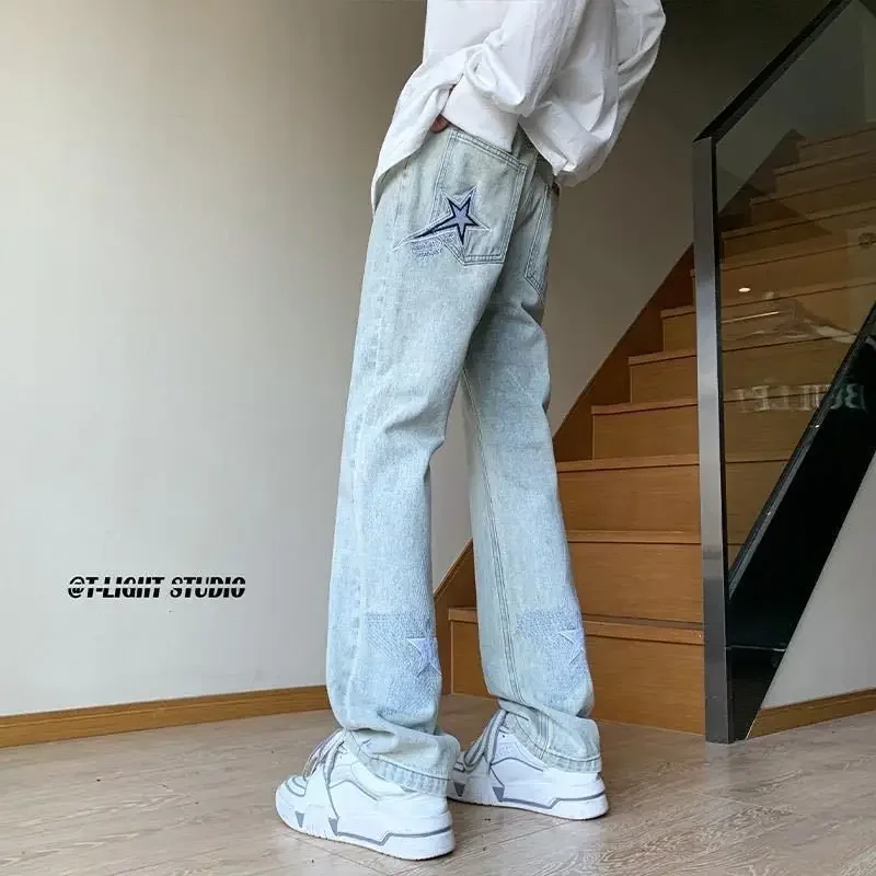 Trendige Marke 2023, neue Herren-Jeans, Sternmuster, lockere Passform, gerades Bein, lässiger Stil, modische Hose mit weitem Bein für Frühling und