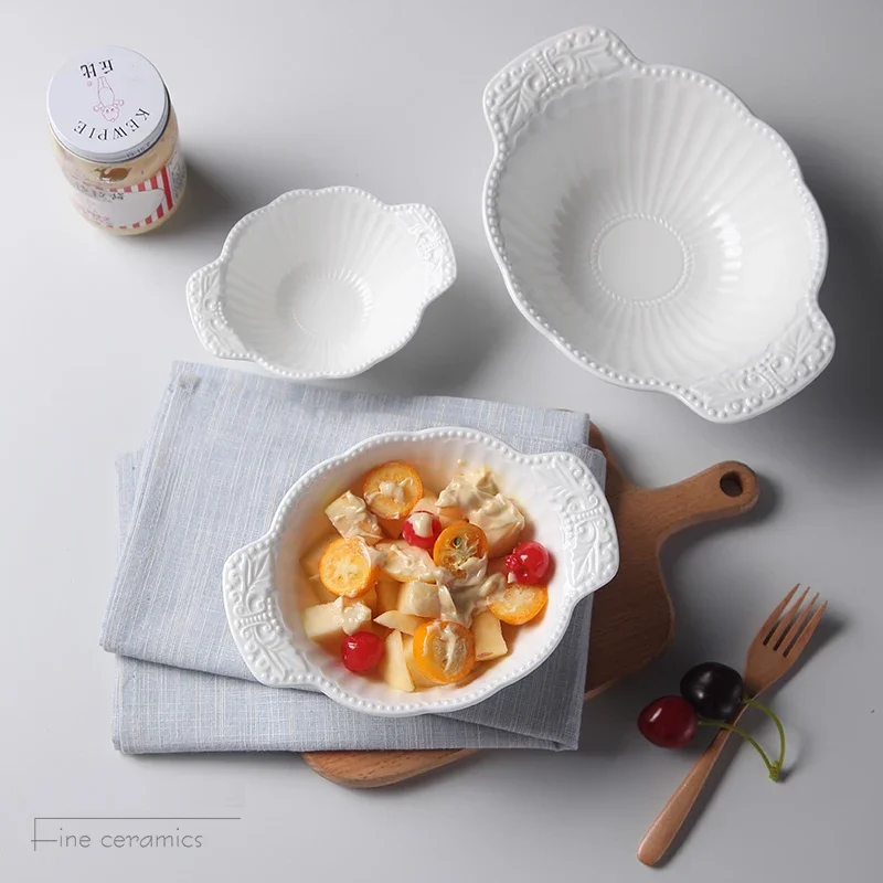2pcs Set, White Embossed Porcelain Mixing Salad Bowl, Ceramic Soup Bowl with Handle, Vintage Noodle Dinner Serving