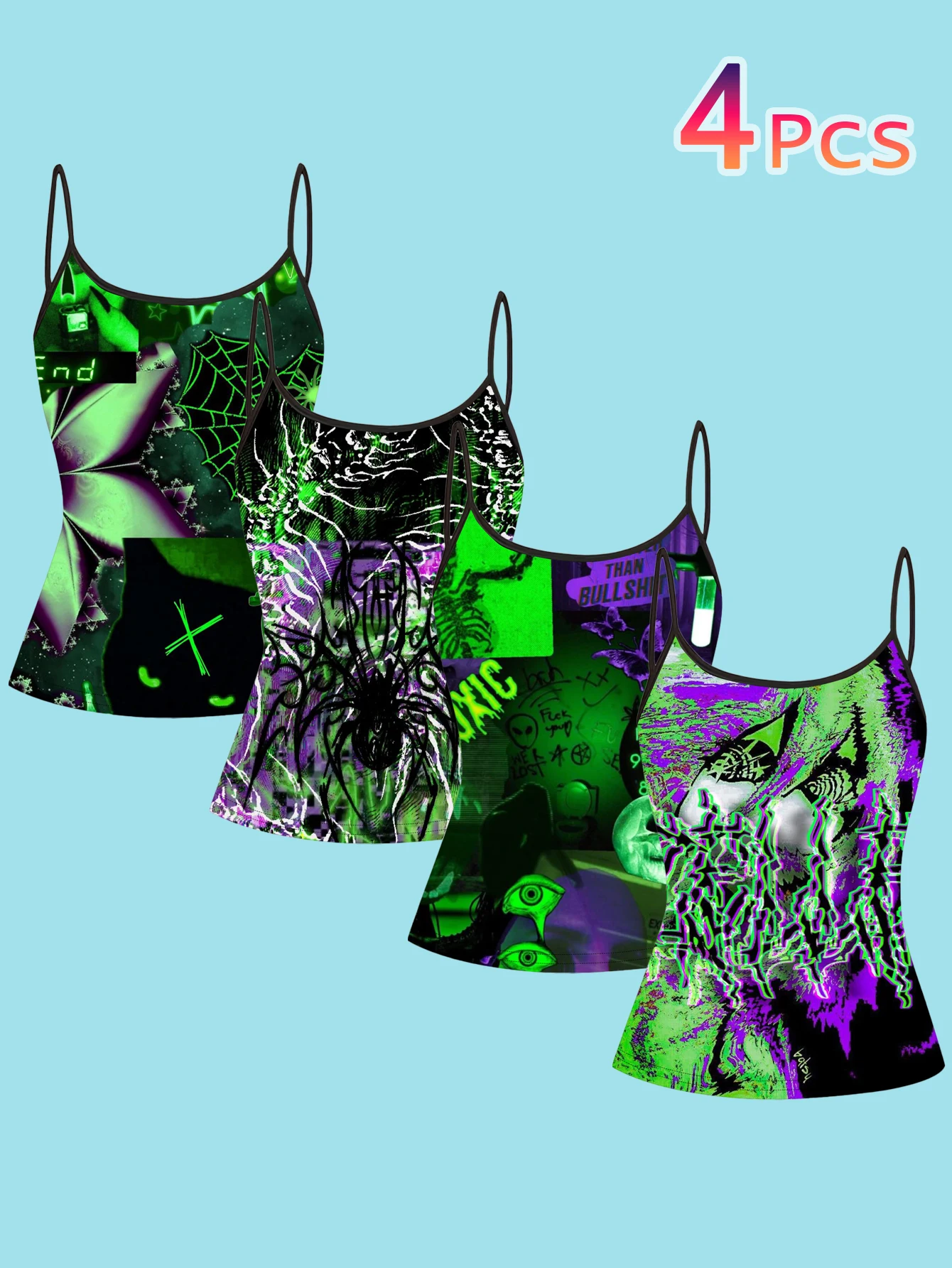 4-Piece Set of Fluorescent Green, Purple, and Black Cyber Grunge Printed Camisoles for Women, Featuring Glitchy Twisted Spider and Toxic Text Designs, Slim-Fit Spaghetti Strap Tops