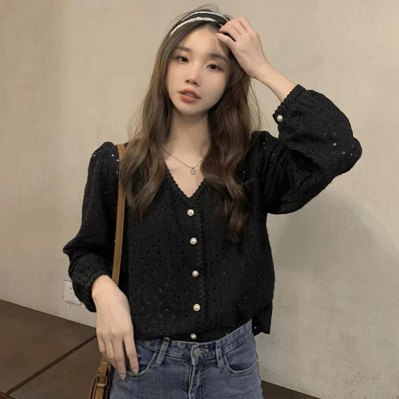 

Ele V-Ne Long Sve Hollow out Slimming irt Women's Faionable Design Korean Sle Commute Pure Color Autumn Top