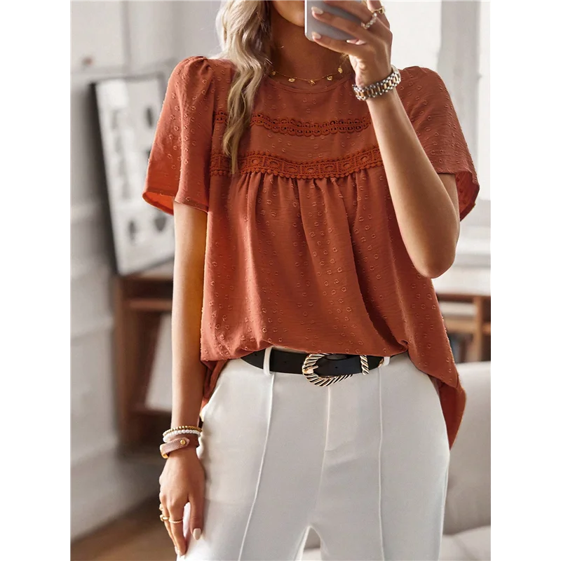 

【Party-Decoration】Womens Summer Tops Crewneck Short Sleeve Shirts Casual Chiffon Blouses Flowy Lace Hem Boho Clothing Trendy 202