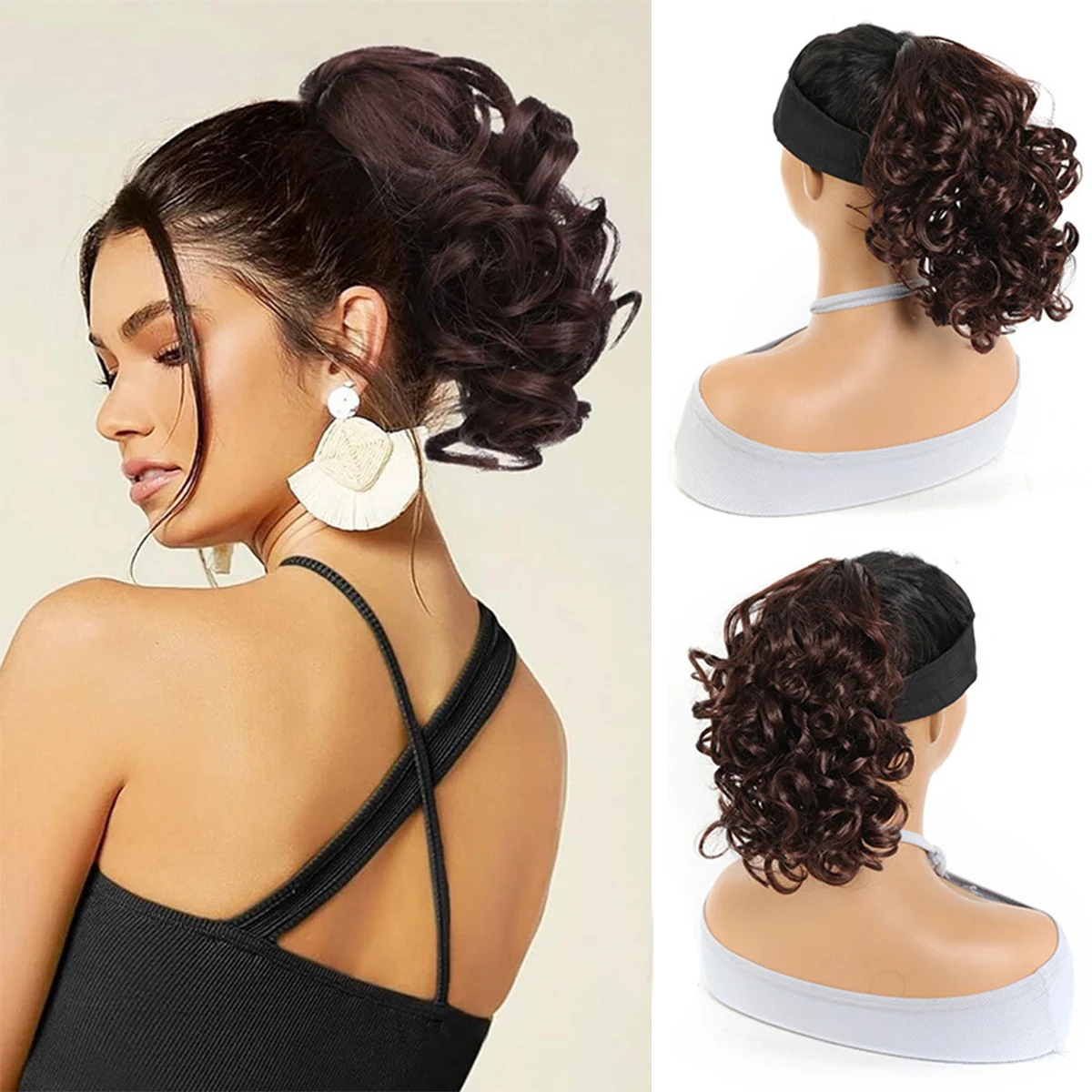 Synthetic wig drawstring short ponytail Roman roll natural simulation chemical fiber synthetic wave ponytail foreign trade wig