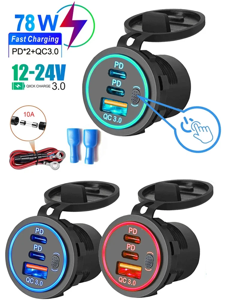 Schnellladegerät QC3.0 + PD Autoladegerät Buchse 78 W Doppelter USB-Anschluss Typ C Drei Ports Netzteil mit Schalter Universell wasserdicht