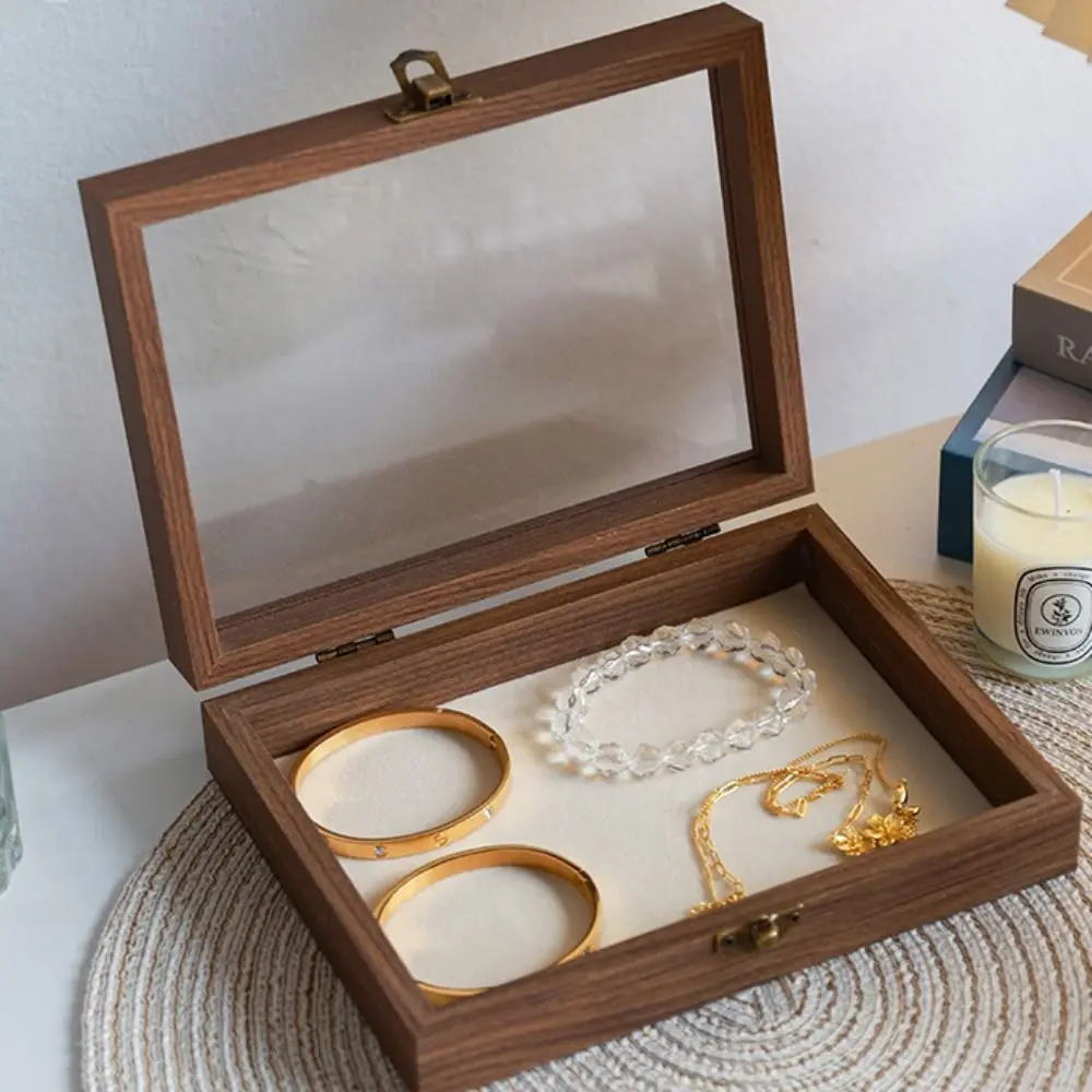 

Multipurpose Elegant Wood Jewelry Box Glass Lid Velvet Jewelry Organizer Dust-proof Storage Box Ring Display Holder Home