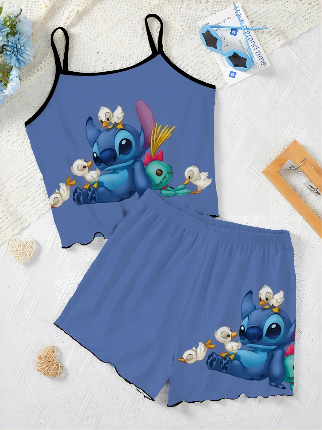 Ensemble pyjama d'été pour femme, jupe t-shirt court, haut Disney, robe à enfiler au point de garniture en laitue, tenue élégante, pièces