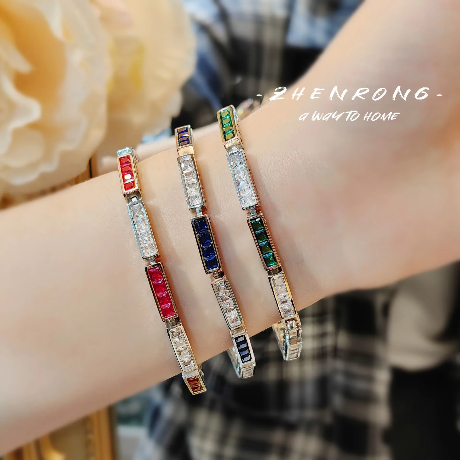 New Bright Square Rainbow Bracelet Colorful Blue Spinel Zircon Simple Zircon Personalized Jewelry Sisters Friend Gift H559