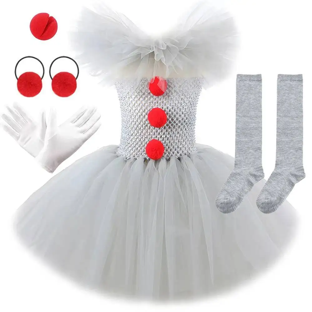 Gray Circus Clown Costumes for Girls Halloween Fancy Dresses for Kids Carnival Party Tulles Outfit Children Funny Joker Tutus