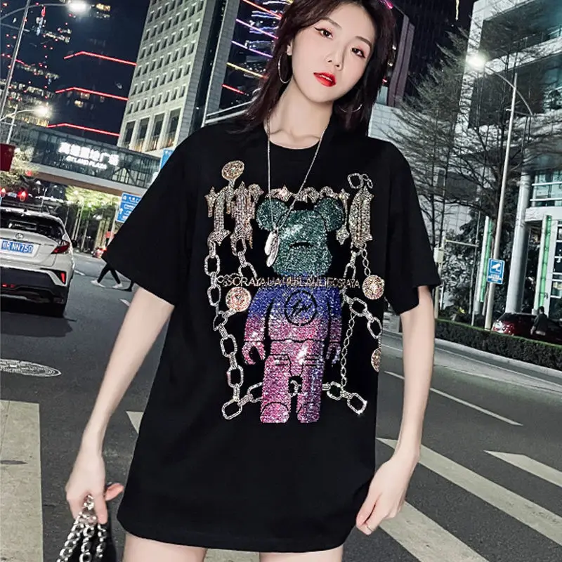 Summer  T-Shirt Women\'s Rhinestones Shirts Cartoon Top  New Pullover Korean Y2K Top KPop Clothes Shirts Women