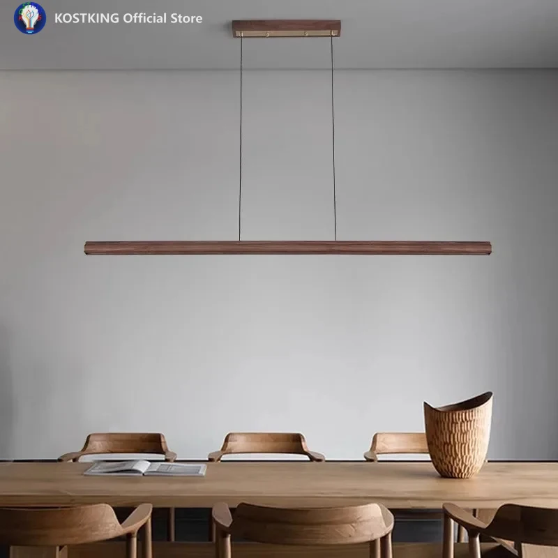 Walnut Wood Minimalist Cloud Brass, Wabi-Sabi Modern Vintage, Linear Pendant Light for Dining, Kitchen, Bar Island, Study Office