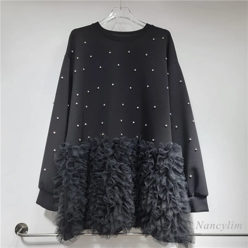 

Heavy Industry Rhinestone Mesh Splicing Long-sleeved Skirt Sweatshirt Women's 2024 Autumn New Loose Temperament Top Pullovers