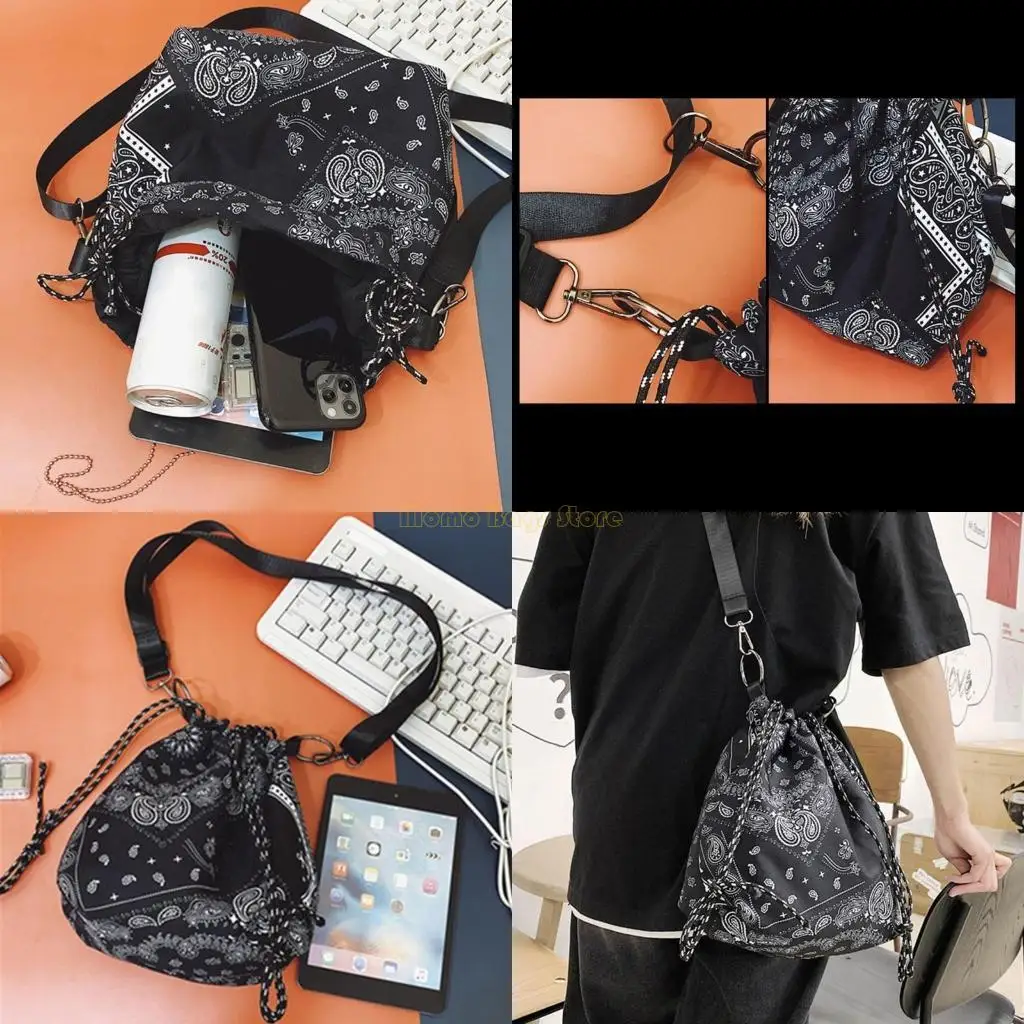 

X90D Ethnic Vintage Paisley Floral Drawstring Bucket Bag Retro Adjustable Shoulder Strap Messgenger Handbag Crossbody Purse