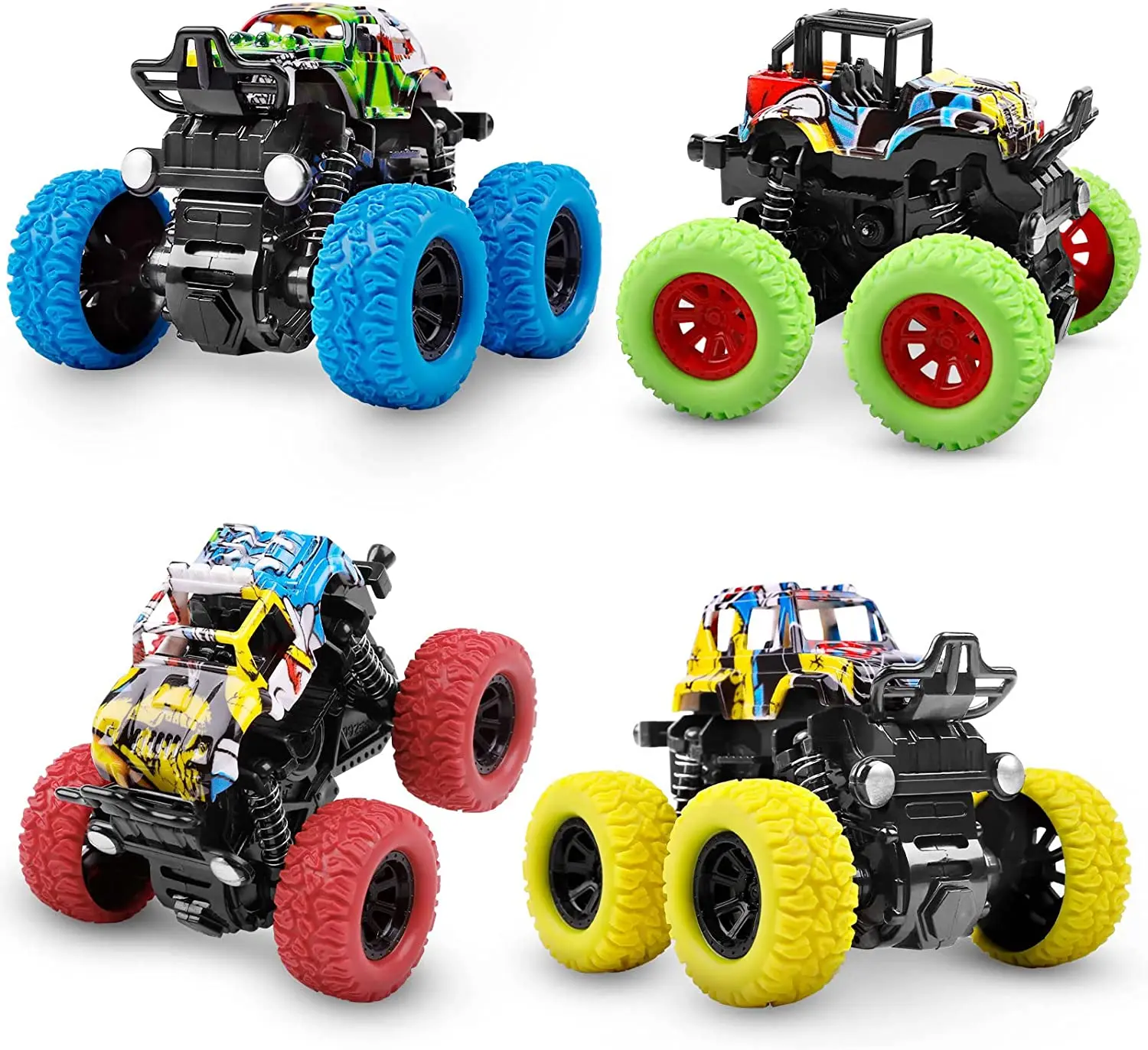 Confezione da 4 macchinine per ragazzi di 1 2 3 anni, Monster Trucks per bambini piccoli, tirare indietro macchinine a frizione auto alimentate Set da gioco per veicoli