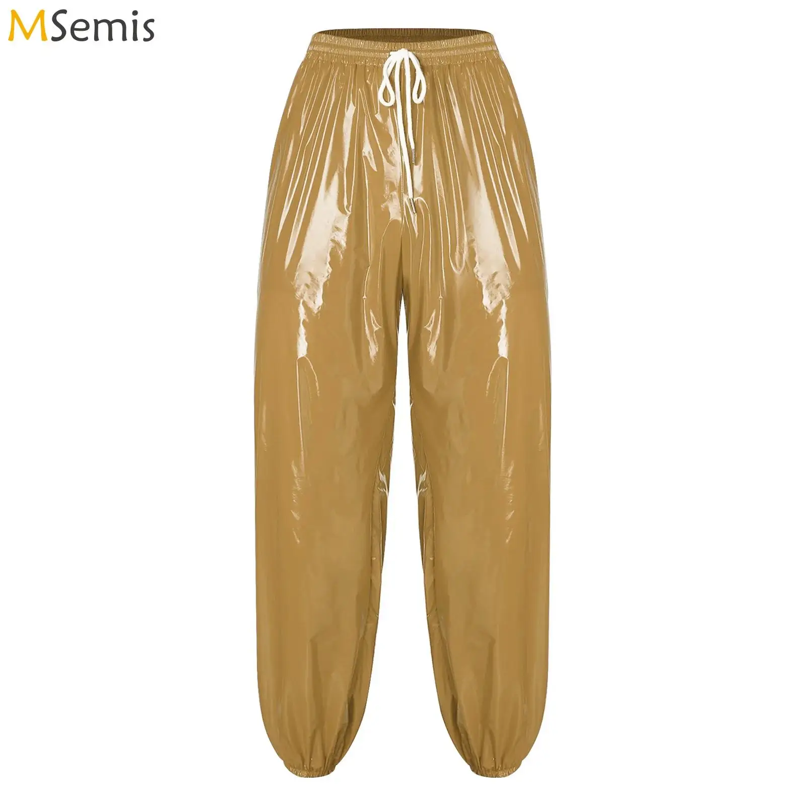 

Mens Shiny Loose Fit Street Dance Trousers Elastic Waistband Side Pockets Track Baggy Glossy Pants Hip Hop Jazz Dance Costume