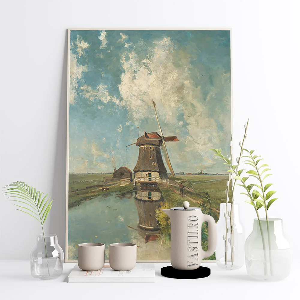 Paul Gabriel Art Print Poster A Windmill On Polder Waterway In Month July Canvas Painting Decor Wall Picture