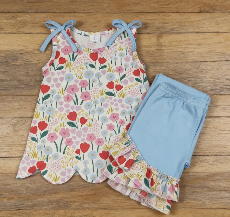 Wholesale Baby Girl Bows Sleeveless Floral Tunic Kids Cotton Ruffle Blue Shorts Girls Summer Clothes Children Toddler Outfit