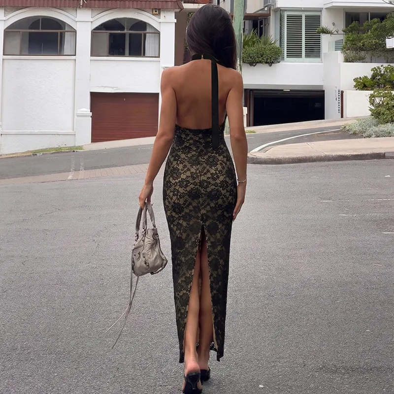 Tornova-Vestido largo de encaje Jacquard con cuello Halter para mujer, ropa de calle con Espalda descubierta, vestido de cintura alta, Sexy, ajustado, ropa de fiesta para discoteca 2026