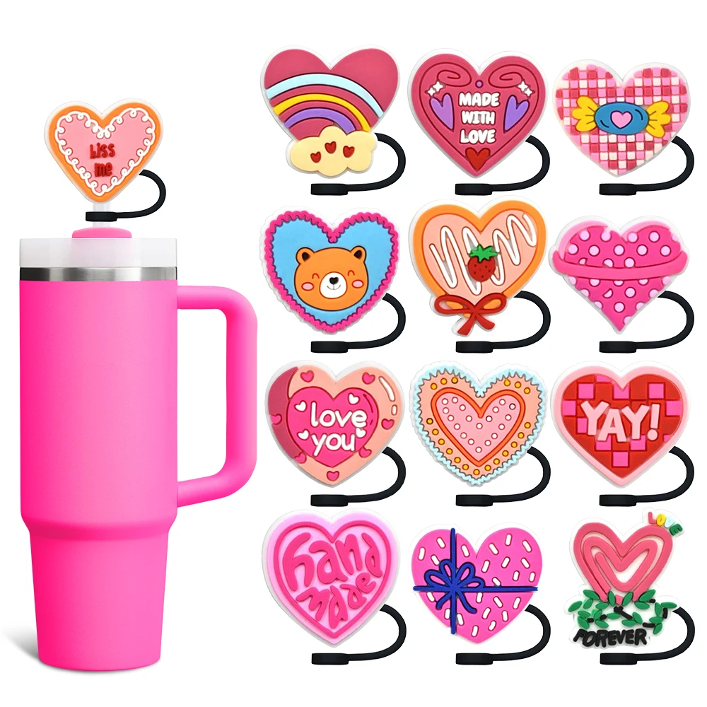 Love Heart Creative Pink Straw Cover Cap 10MM Eco-friendly Straw Plug Splash Proof Drinking Cup Charms Pendent Home Party Gift