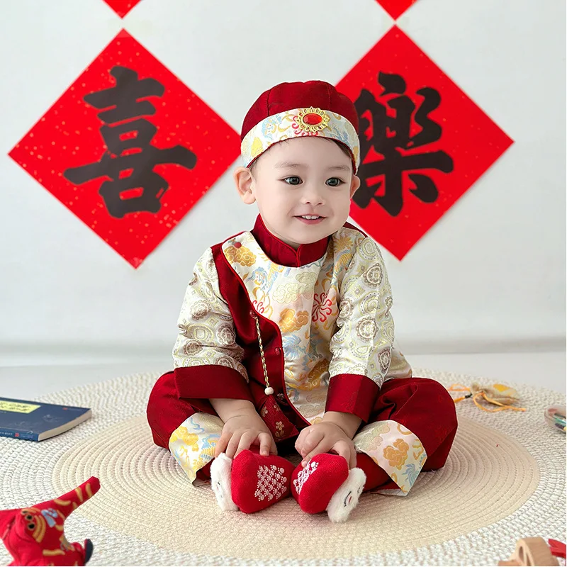 

Детский костюм ханьфу, китайский костюм Тан, праздники одного года ребенка с недельным набором для дня рождения, новогодний костюм Ципао